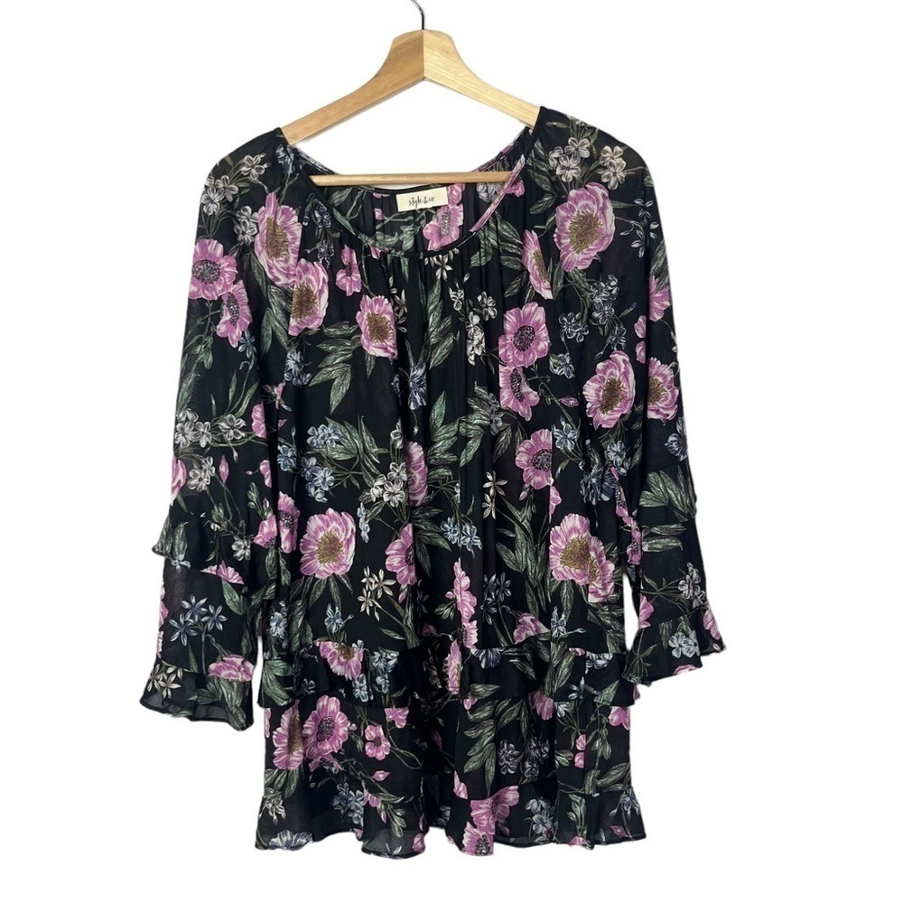 Style & Co Black & Pink Floral Ruffle Long Sleeve Blouse XL